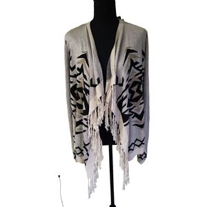 NWT INC International Concepts Leaping Tribal boho Knit Fringe Open Cardigan L